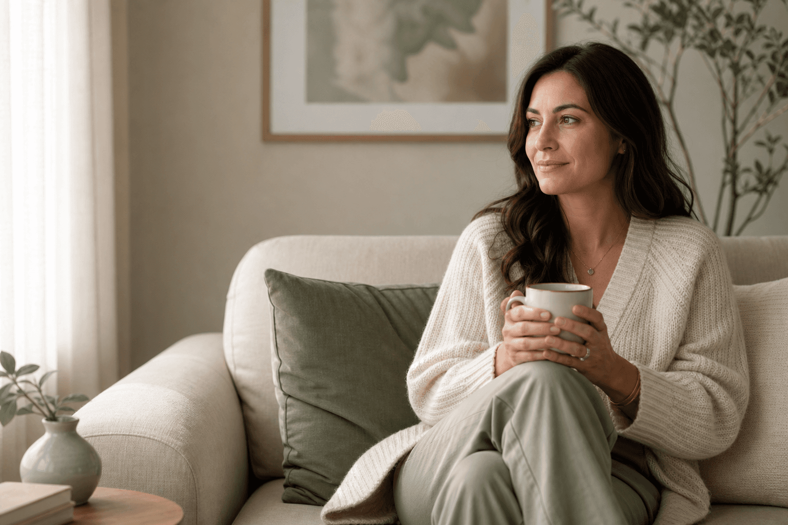Calm woman sitting at home holding a mug